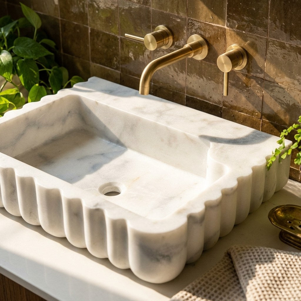 Carrara Fluted Marble Rectangular Vessel Sink — premium — view 2
