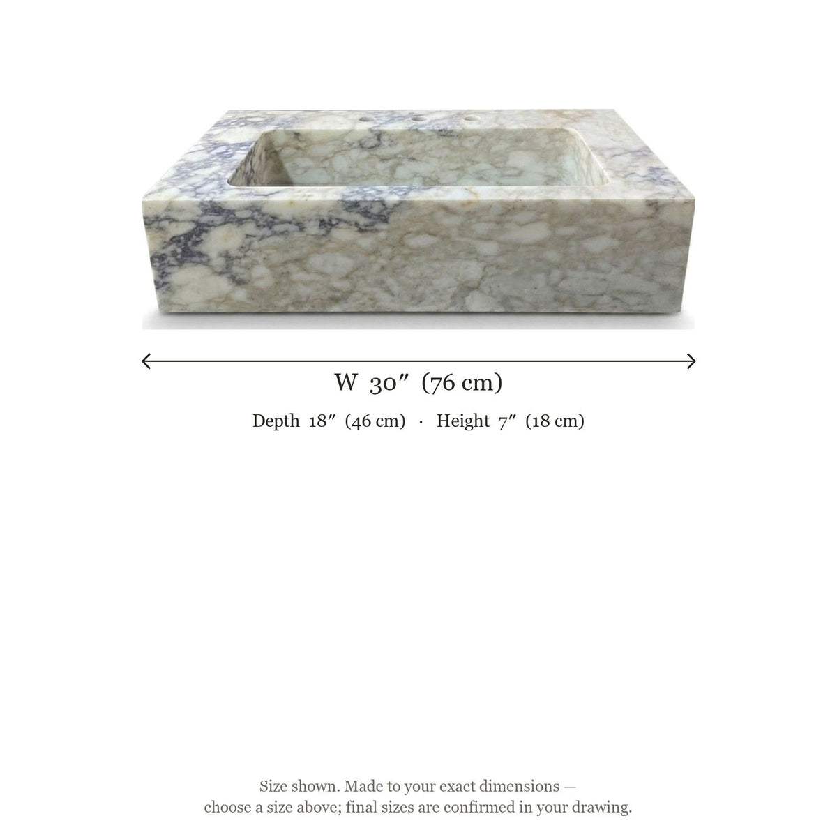 Calacatta Viola Honed Marble Sink with Three Faucet Holes — dimensions — view 5