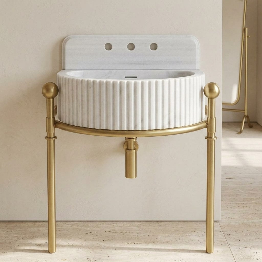 Carrara Fluted Marble Sink with Brass Stand — detail — view 4