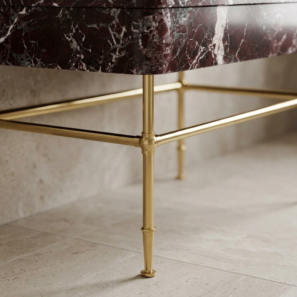 Rosso Levanto Honed Marble Sink with Brass Stand and Backsplash — detail — view 4