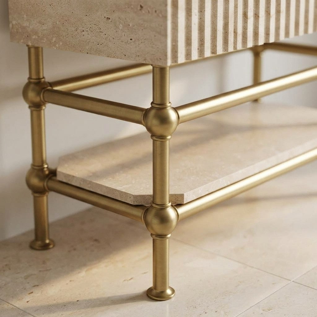Fluted Travertine Console Sink with Brass Stand — detail — view 4