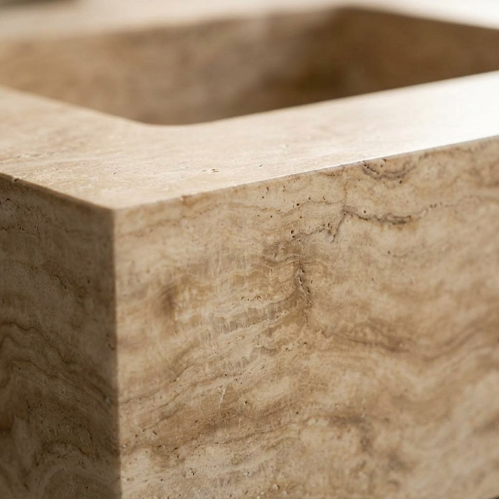 Polished Travertine Vanity Sink — marble detail — view 3