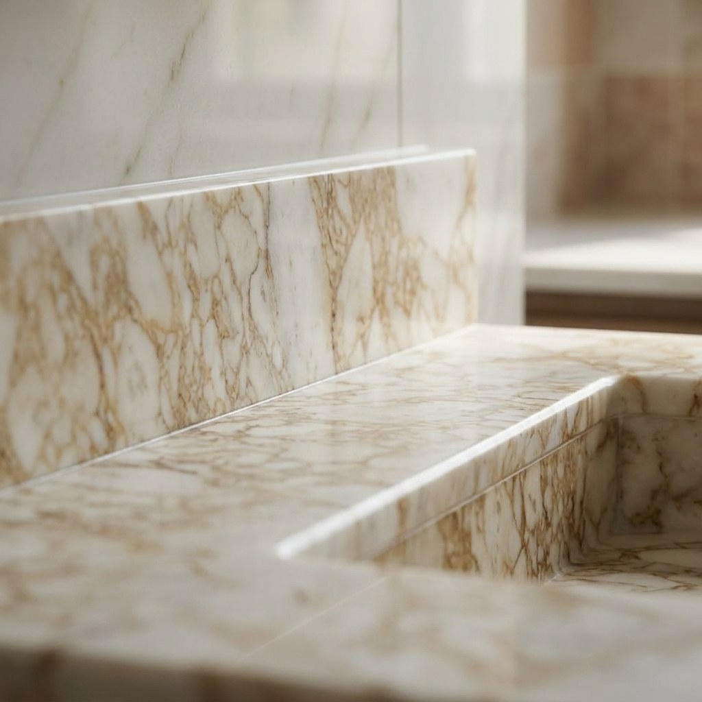 Calacatta Gold Polished Marble Sink with Backsplash — marble detail — view 2