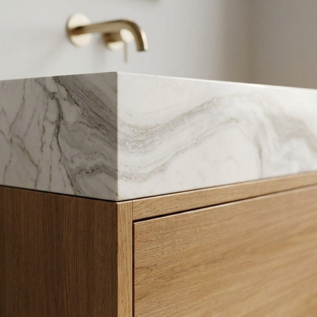 Carrara Polished Marble Vanity with Wood Cabinet — detail — view 4