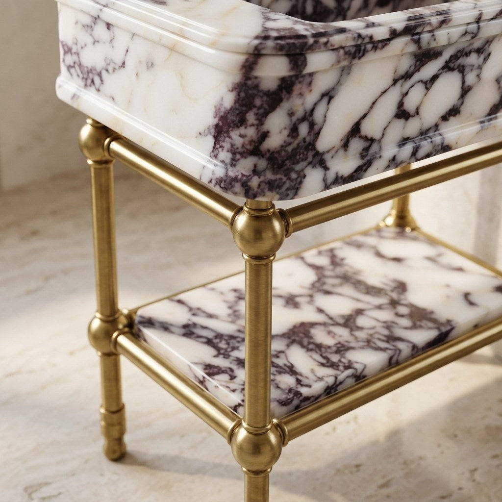 Calacatta Viola Marble Sink with Brass Stand and Backsplash — detail — view 4