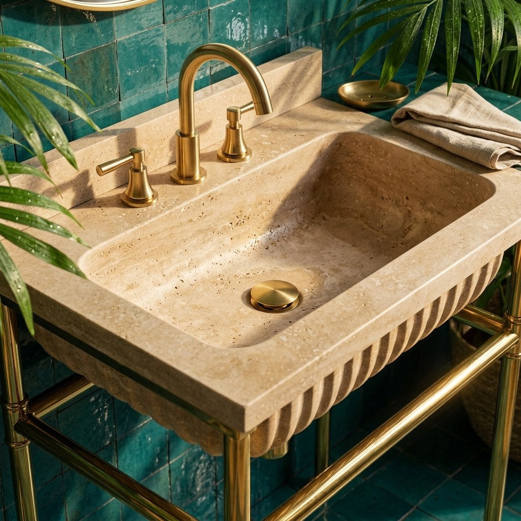 Travertine Fluted Console Sink with Brass Stand — premium — view 2