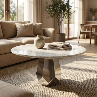 Carrara Marble Round Table with Brushed Steel Base — premium