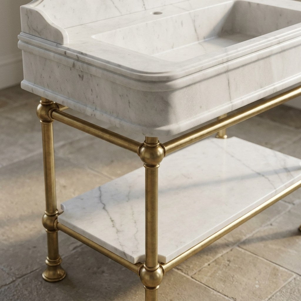 Carrara Marble Sink with Brass Gold Stand and Backsplash — detail — view 4