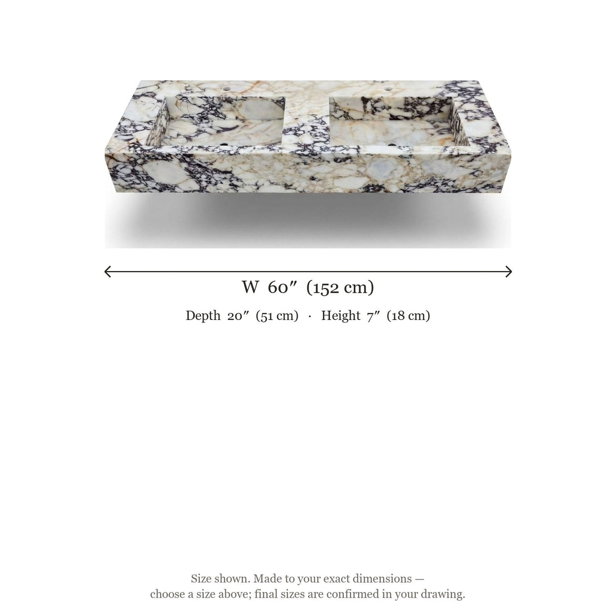 Calacatta Viola Polished Marble Double Basin Sink — dimensions — view 5