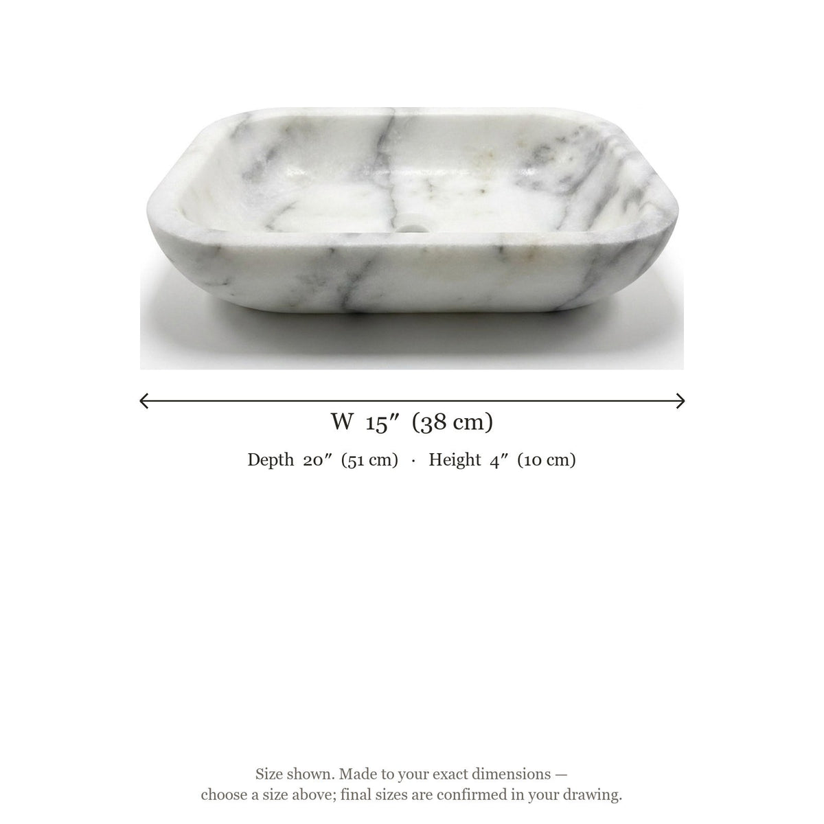 Carrara Marble Honed Rectangular Vessel Sink — dimensions — view 5