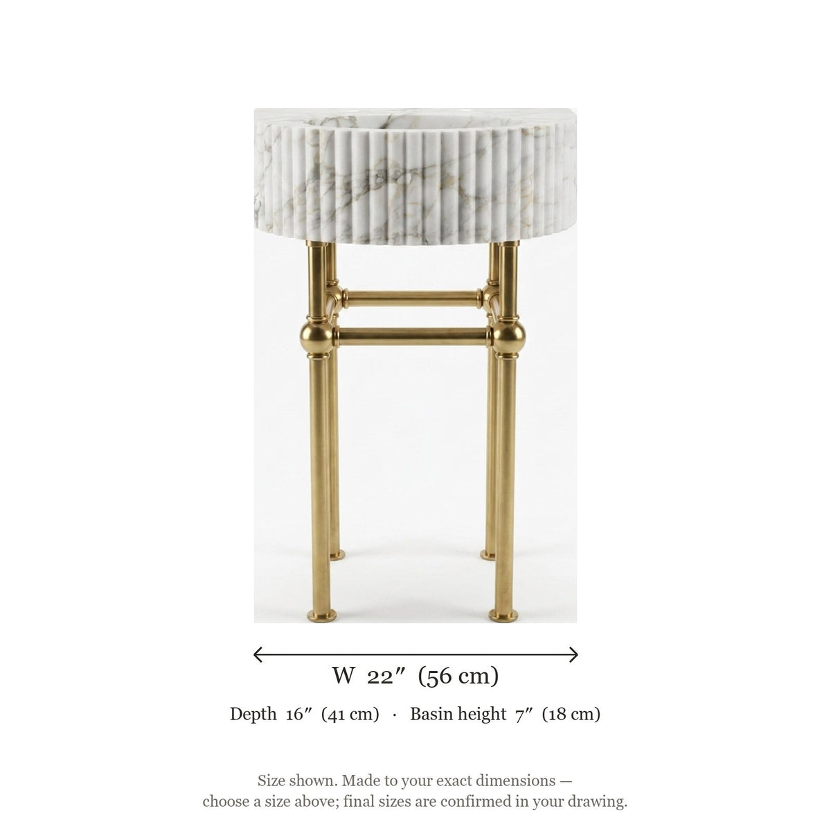 Calacatta Gold Fluted Marble Sink with Brass Stand — dimensions — view 5