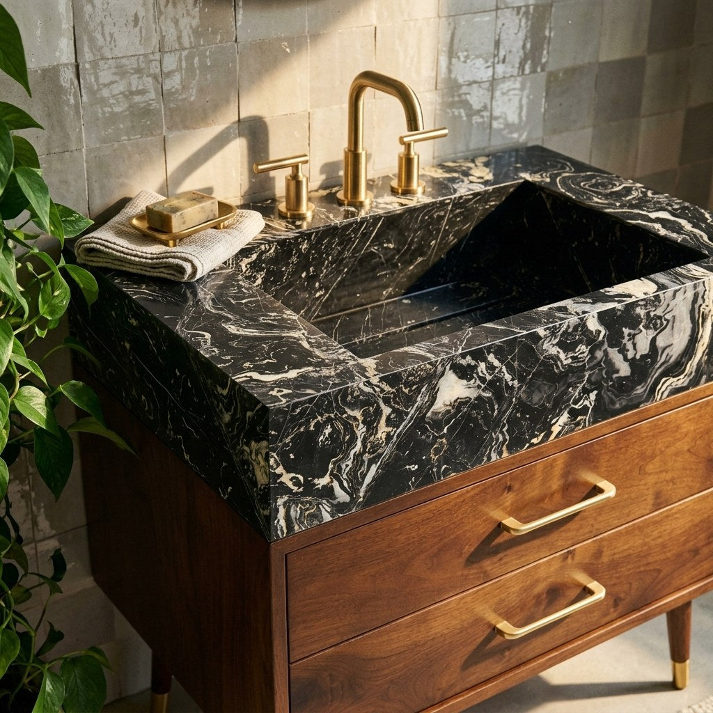 Nero Marquina Polished Marble Vanity with 3 Faucet Holes — premium — view 2