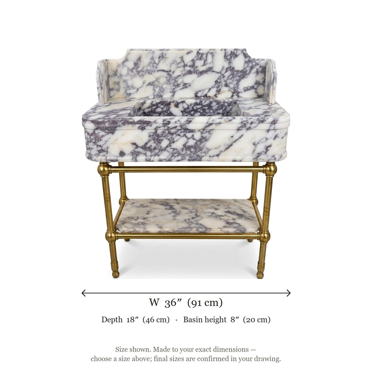 Calacatta Viola Marble Sink with Brass Stand and Backsplash — dimensions — view 4