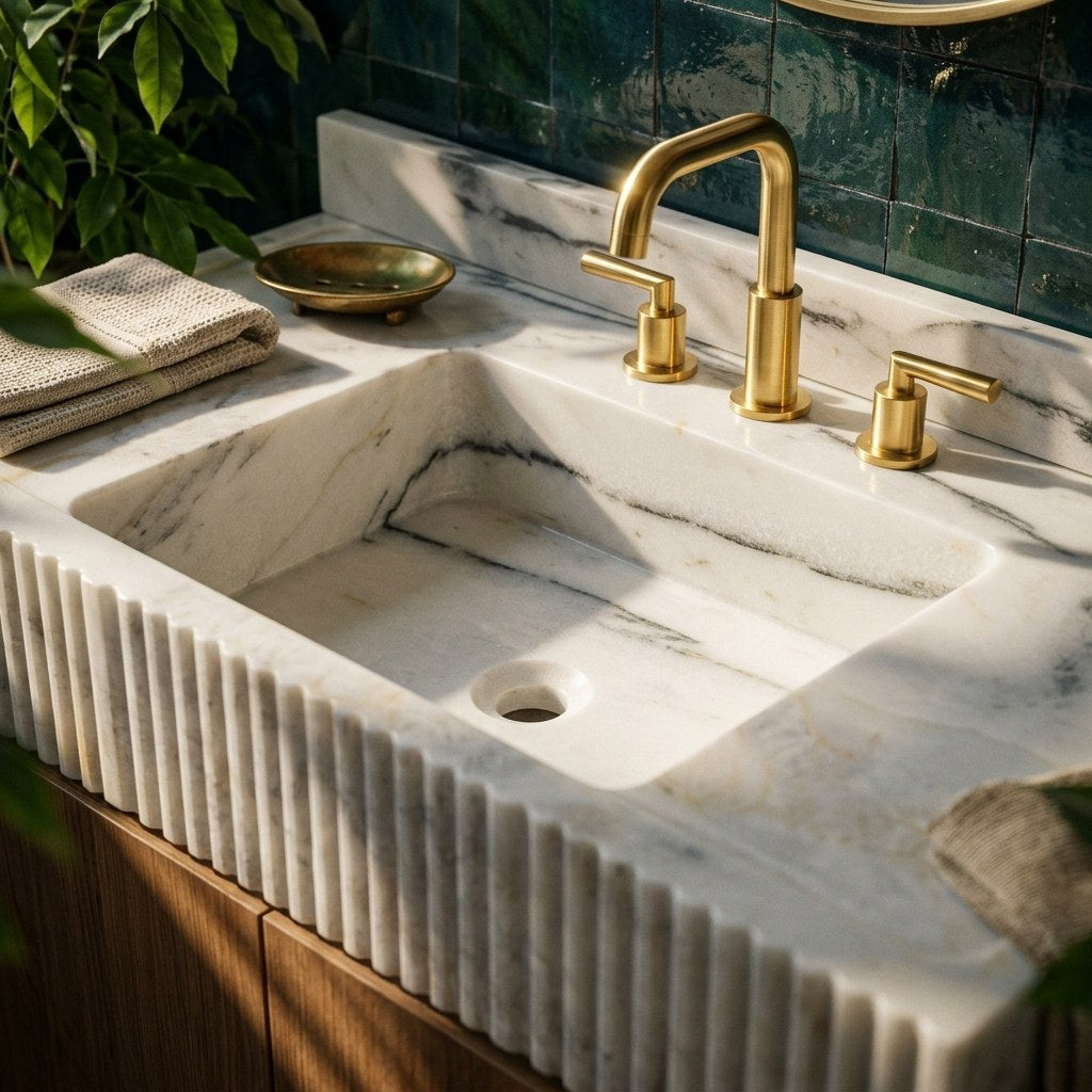 Carrara Fluted Marble Vanity with Backsplash — premium — view 2