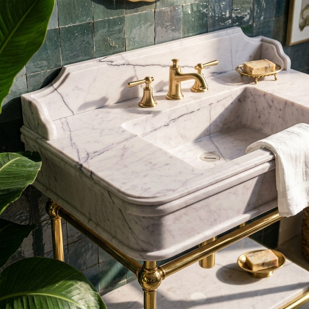 Lilac Marble Sink with Brass Stand and Backsplash — premium — view 2