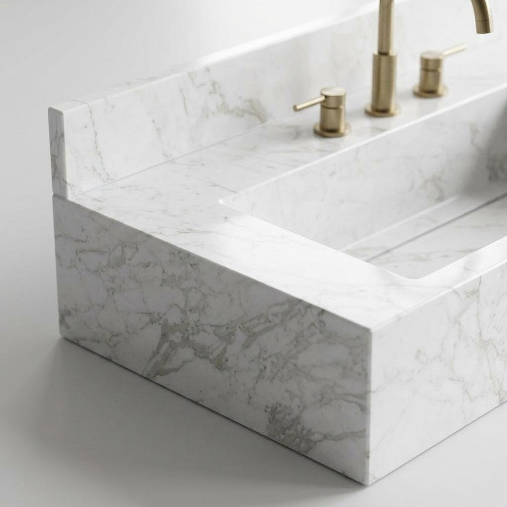 Polished Carrara Marble Integrated Sink with Backsplash — marble detail — view 3
