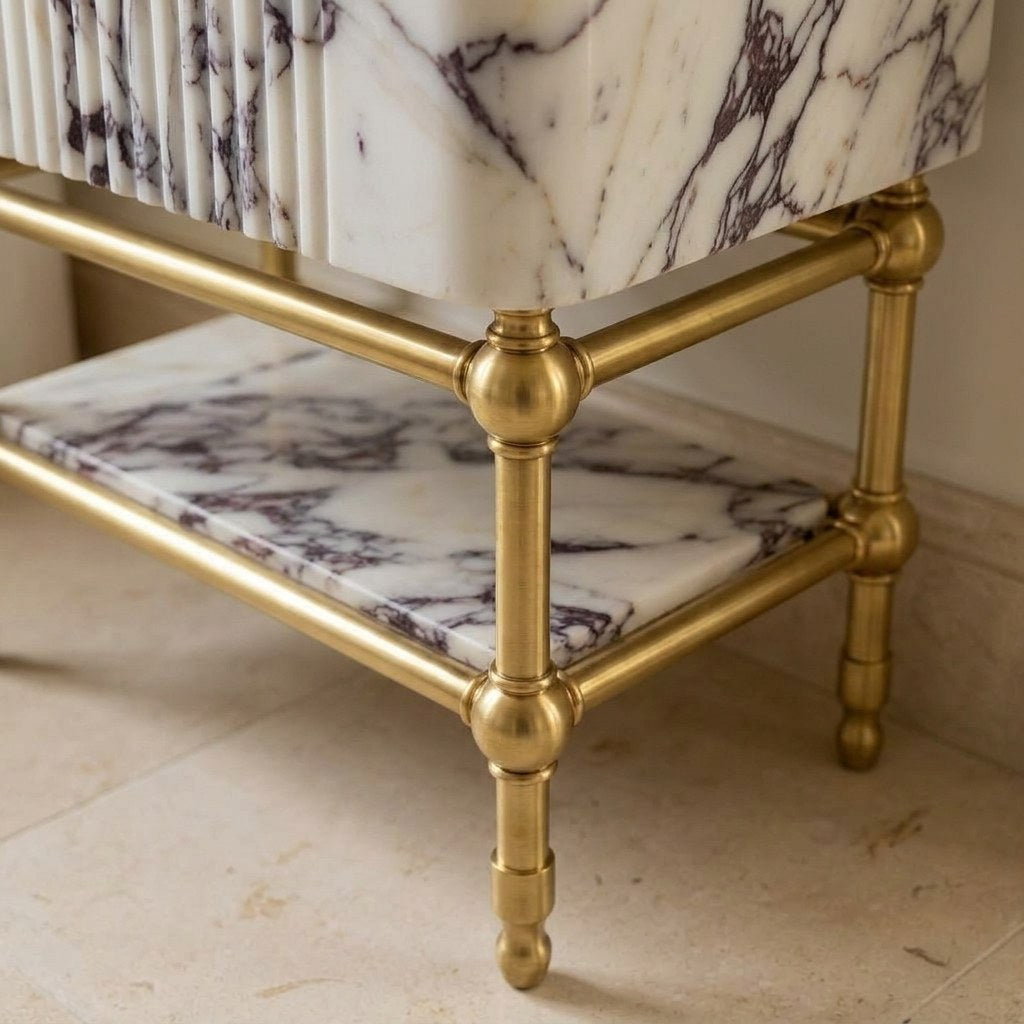 Calacatta Viola Fluted Marble Sink with Brass Stand — detail — view 4