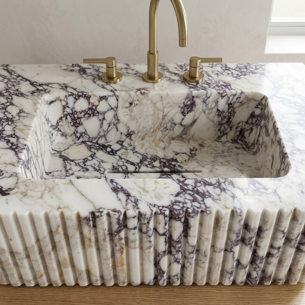 Calacatta Viola Honed Marble Sink with 3 Faucet Holes — detail — view 4