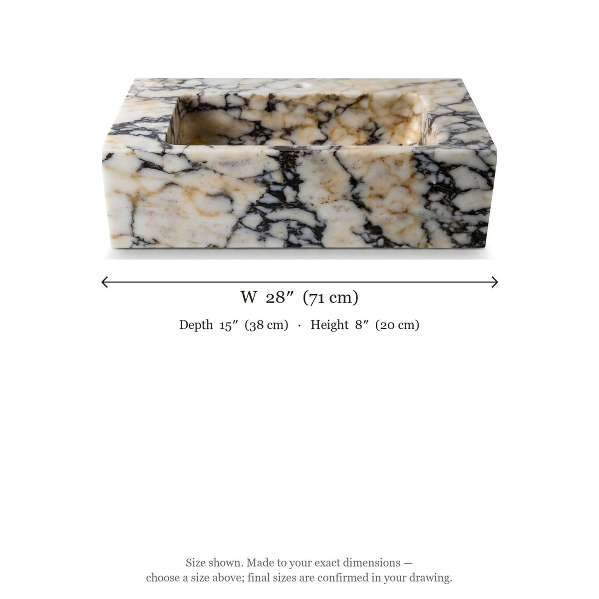 Calacatta Viola Rectangular Polished Marble Sink — dimensions — view 5