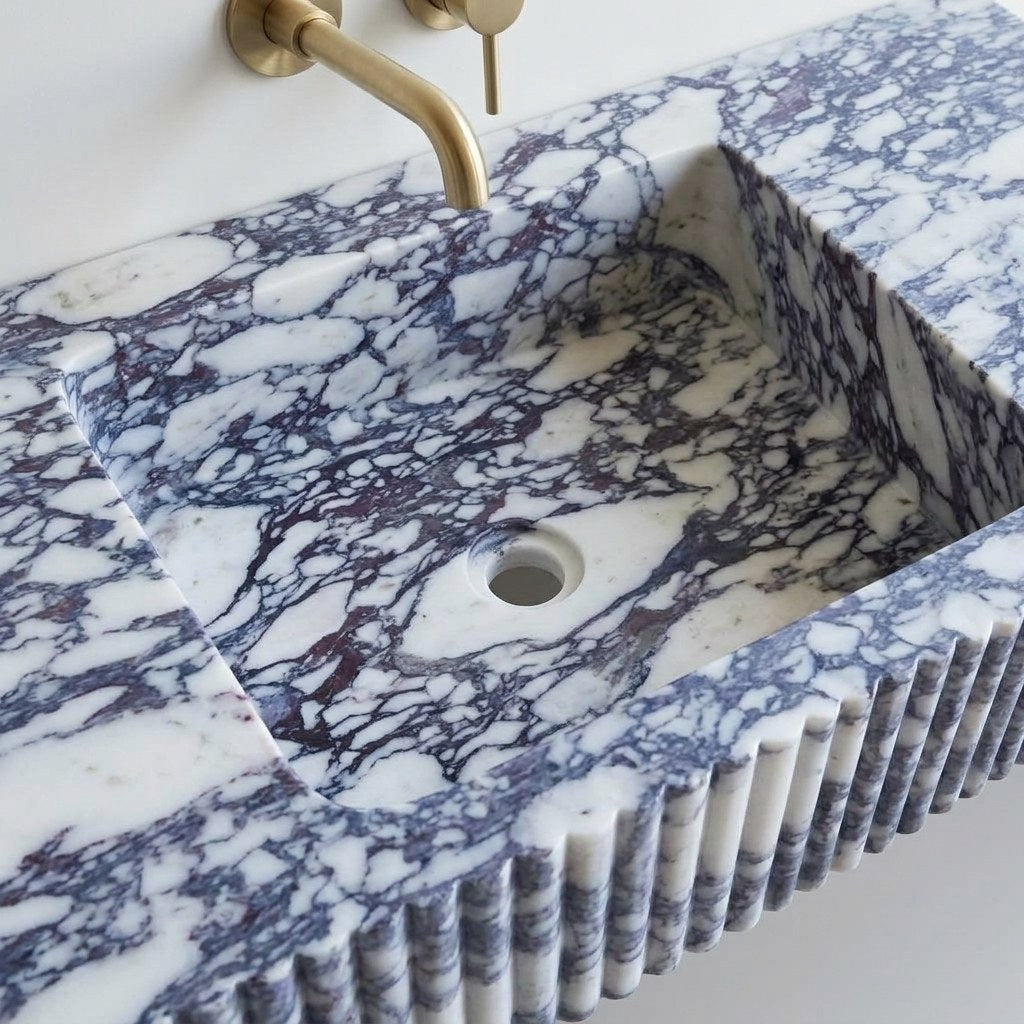 Calacatta Viola Fluted Honed Marble Sink — detail — view 4