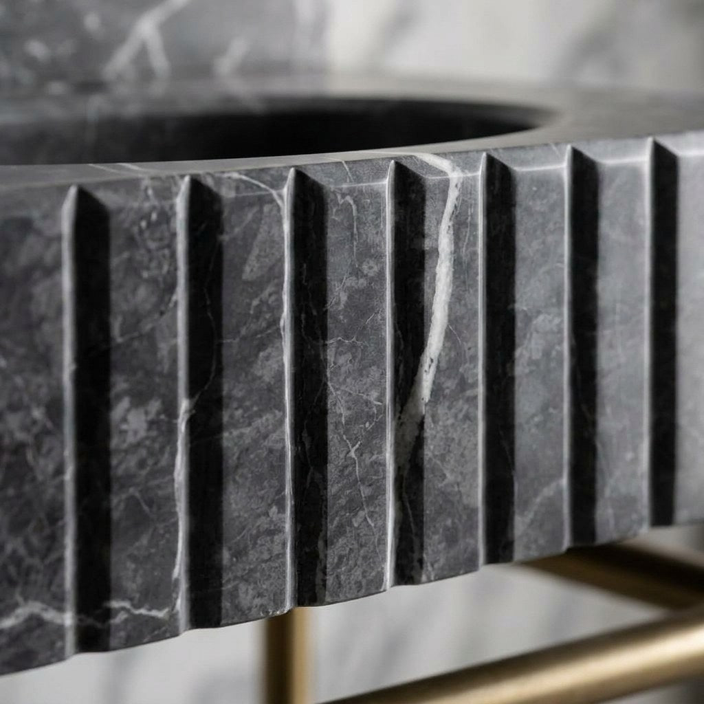 Pietra Notte Fluted Marble Sink with Brass Stand — marble detail — view 3