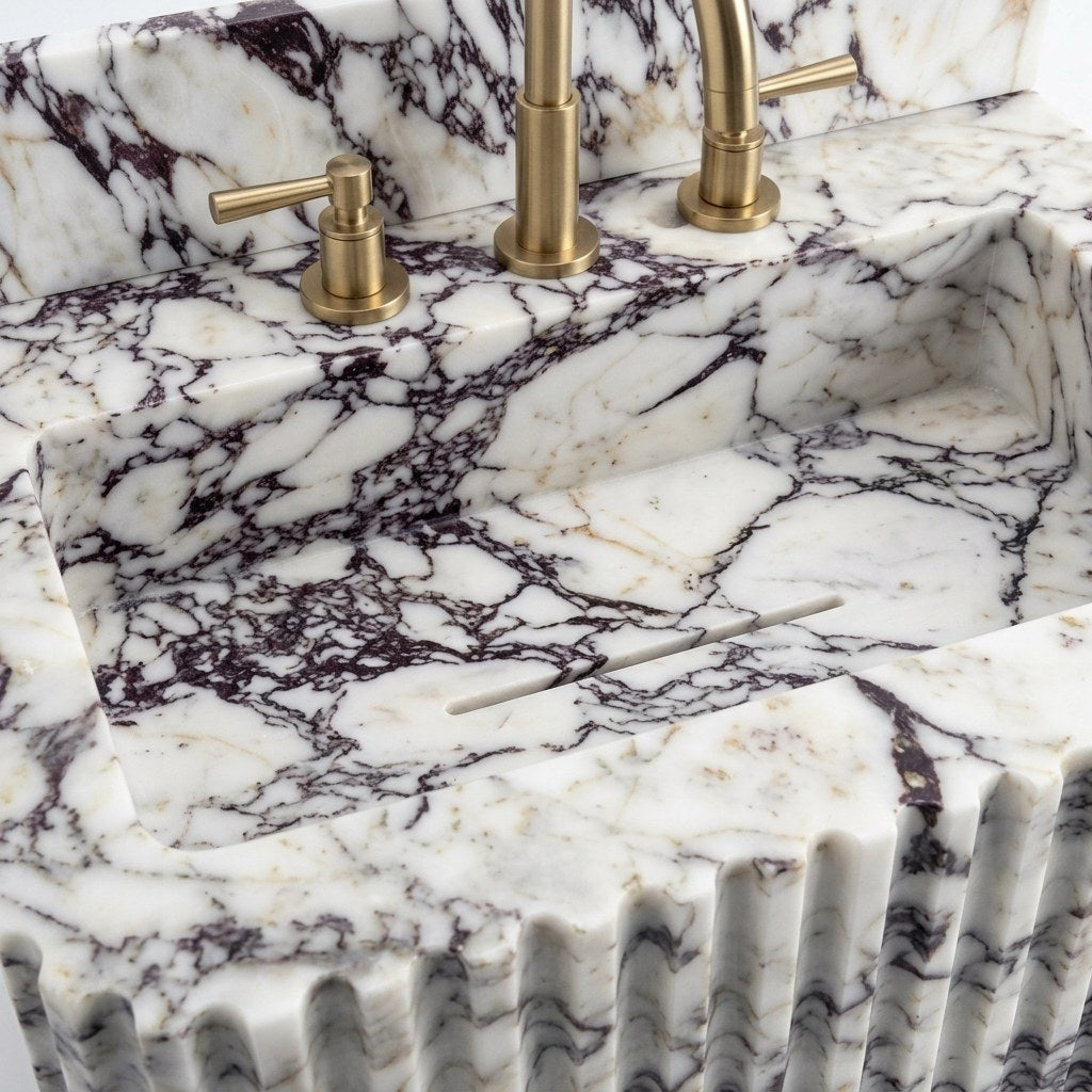 Calacatta Viola Fluted Marble Sink with Backsplash — detail — view 3