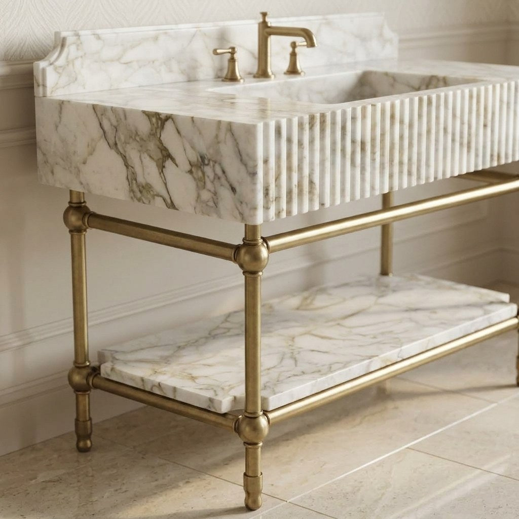 Calacatta Gold Marble Sink with Brass Stand and Backsplash — detail — view 4