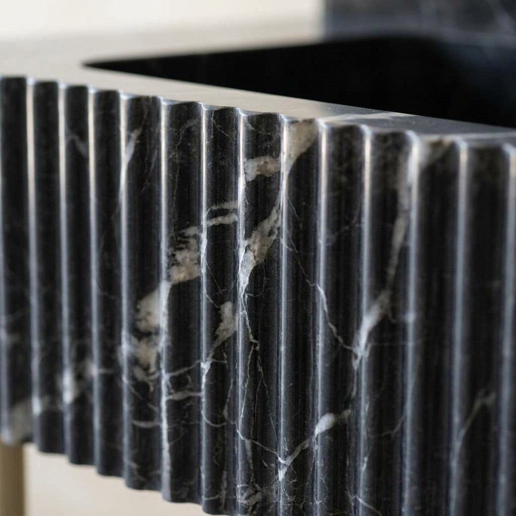 Pietra Notte Fluted Marble Sink with Brass Stand — marble detail — view 3