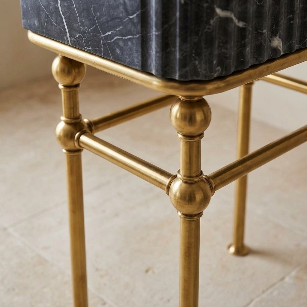 Pietra Notte Fluted Marble Sink with Brass Stand — detail — view 4