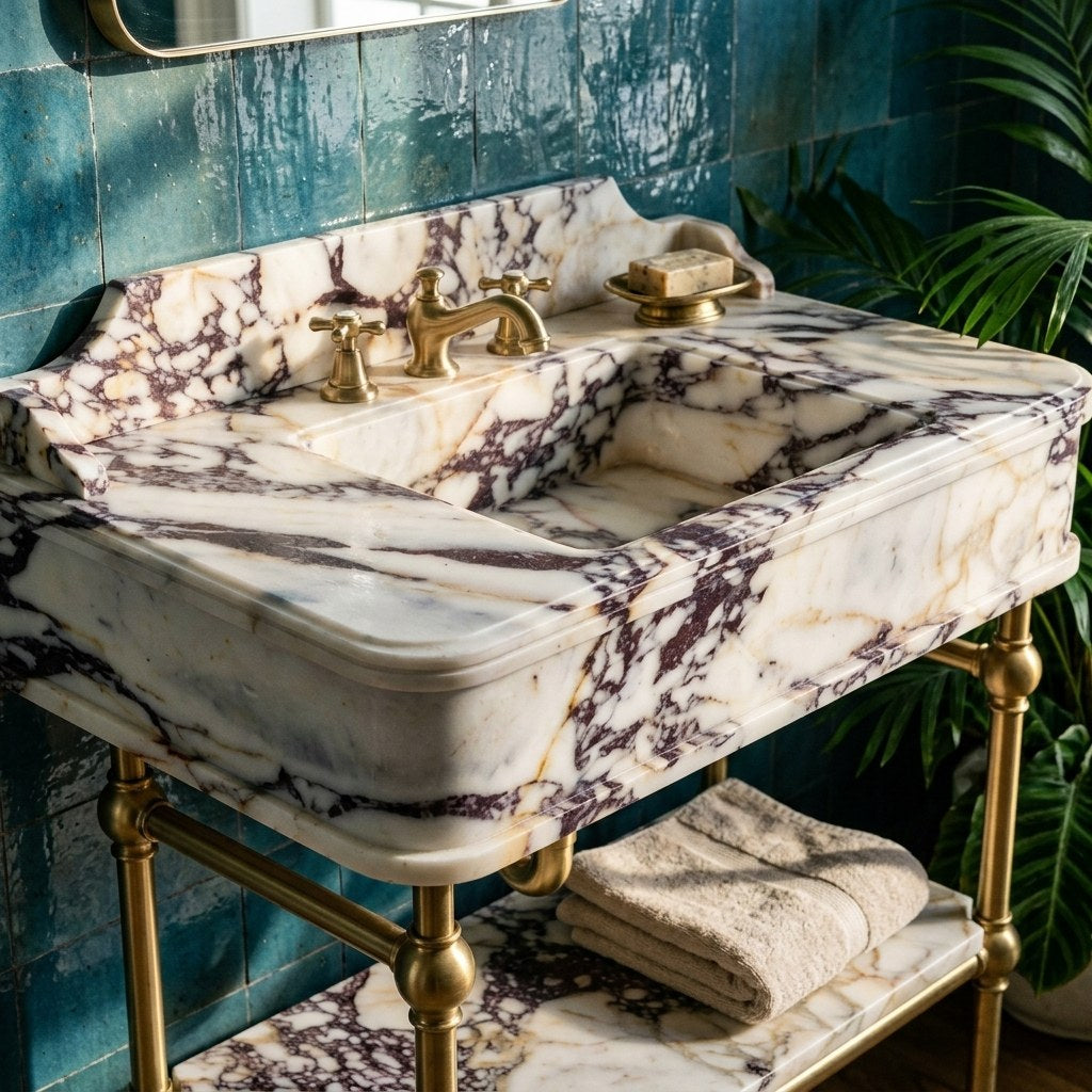 Calacatta Viola Polished Marble Sink with Brass Gold Stand — premium — view 2