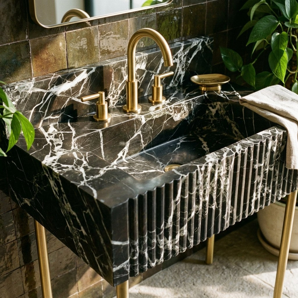 Verde Fluted Marble Sink with Brass Stand and Backsplash — premium — view 2