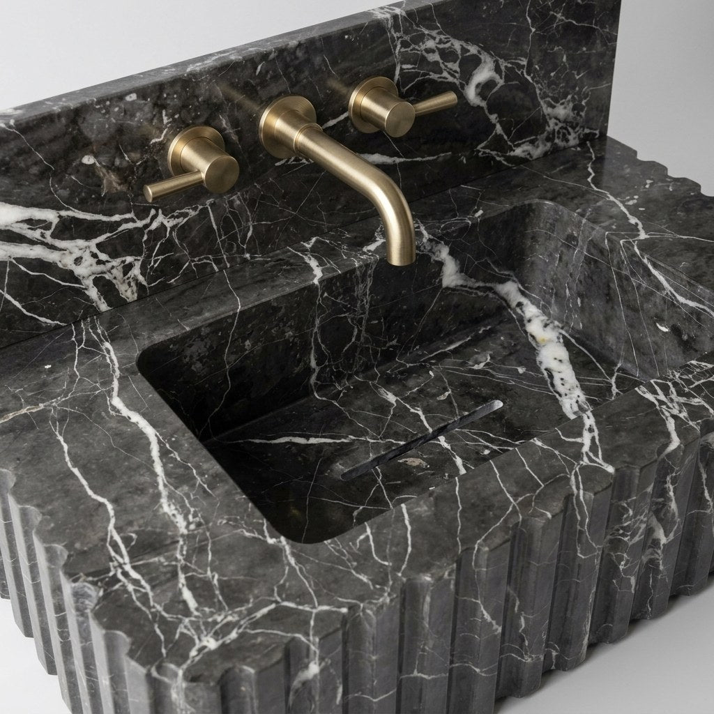 Pietra Notte Fluted Marble Sink with Backsplash — detail — view 4