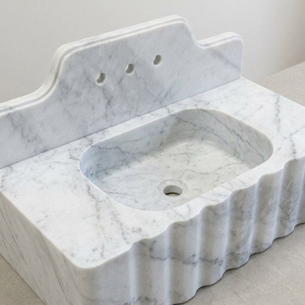 Carrara Fluted Marble Sink with Backsplash — detail — view 4