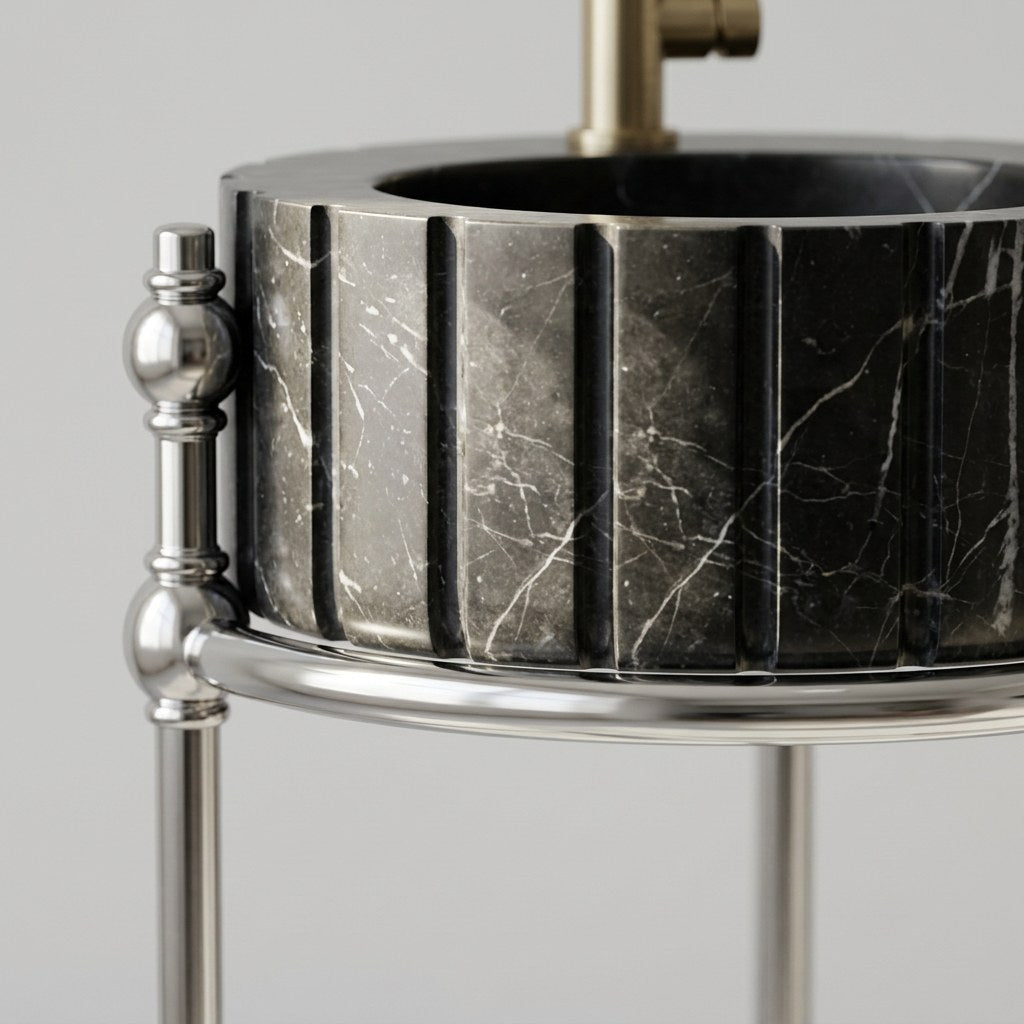 Pietra Notte Fluted Marble Sink with Metal Stand — marble detail — view 2