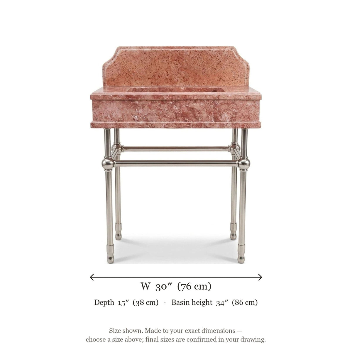 Polished Travertine Sink with Backsplash and Brushed Steel Stand — dimensions — view 5