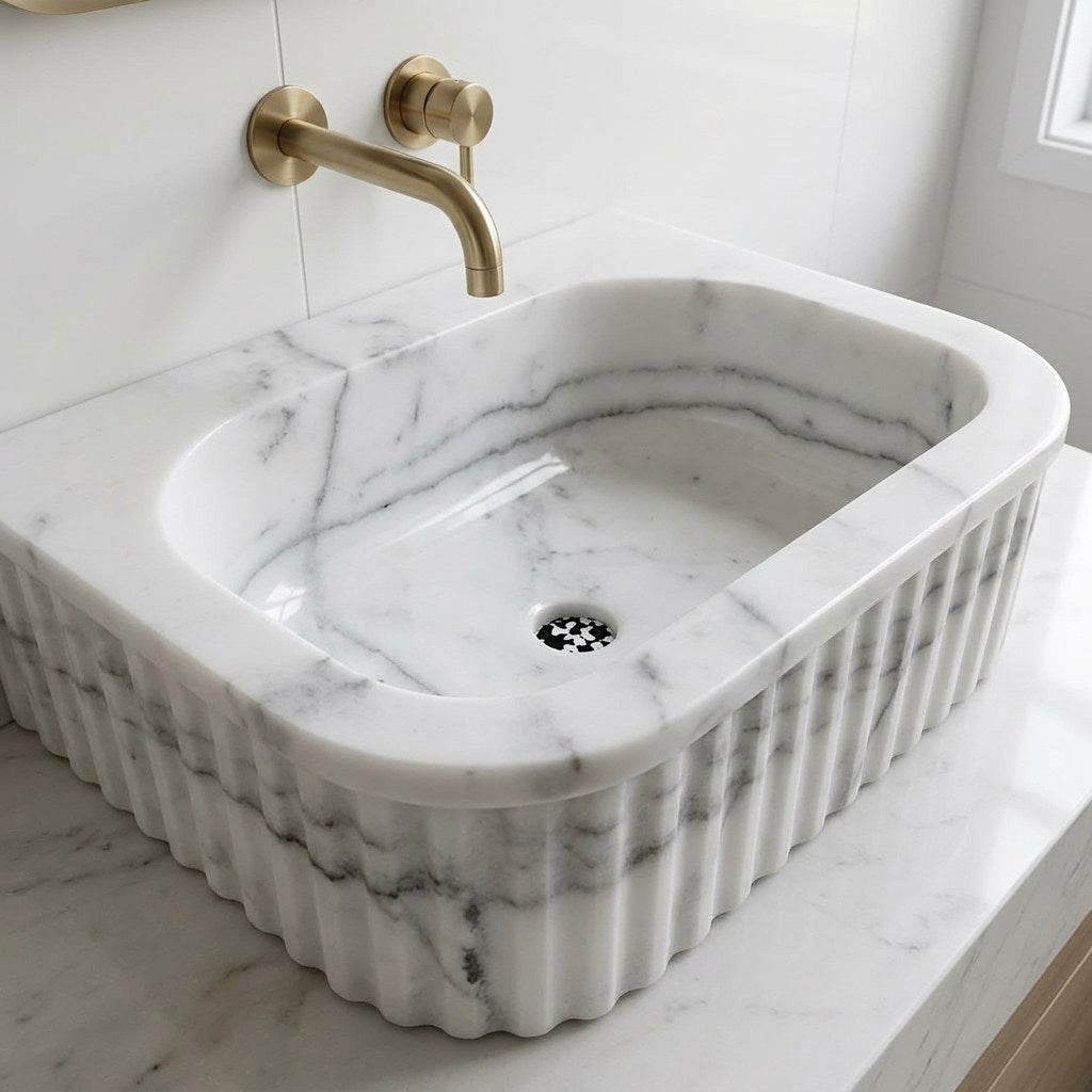 Carrara Fluted Polished Marble Vessel Sink — detail — view 4