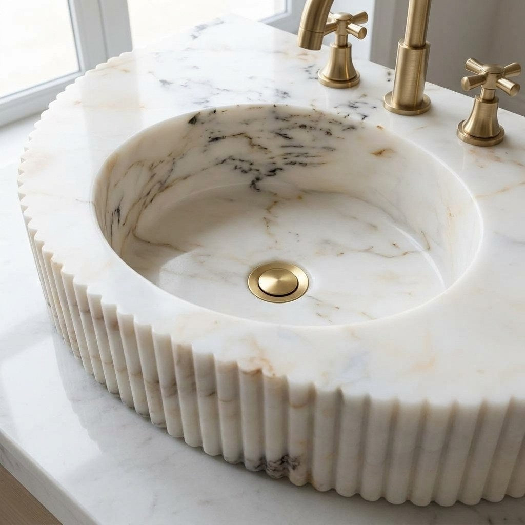 Calacatta Gold Polished Fluted Marble Sink — detail — view 4