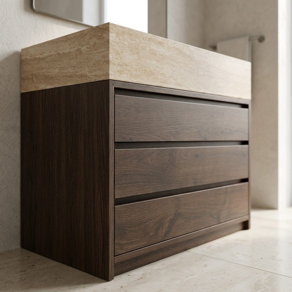 Travertine Marble Vanity with Wood Cabinet — detail — view 3