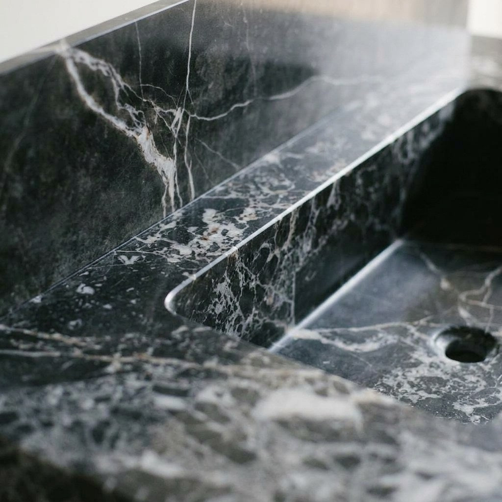 Pietra Notte Marble Sink with Backsplash and Brass Stand — marble detail — view 3