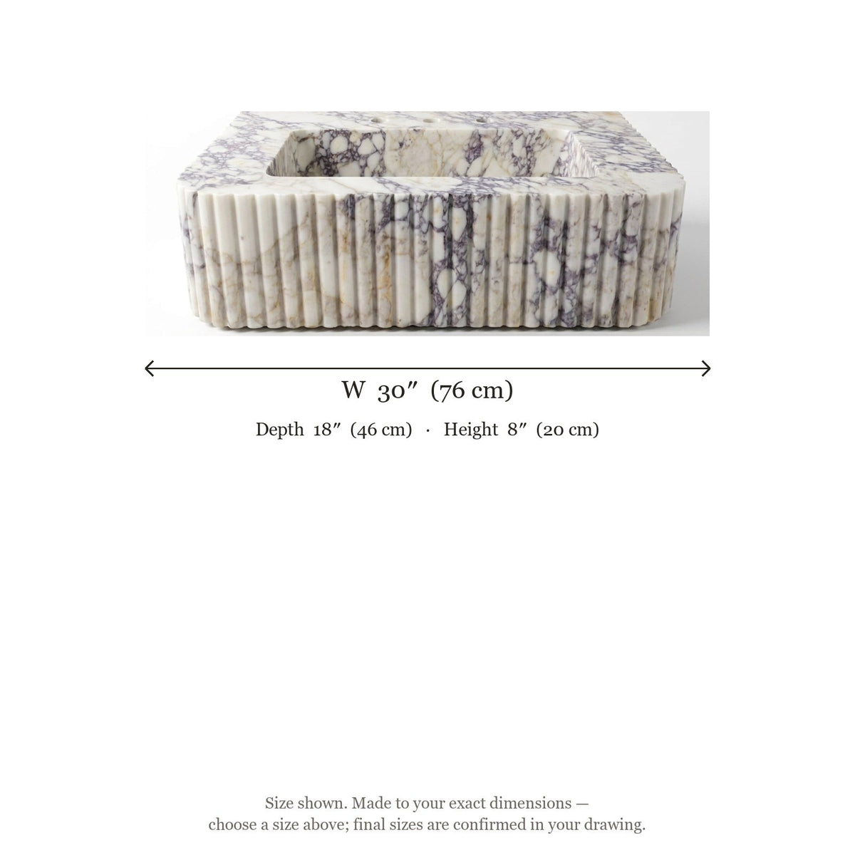 Calacatta Viola Honed Marble Sink with 3 Faucet Holes — dimensions — view 5