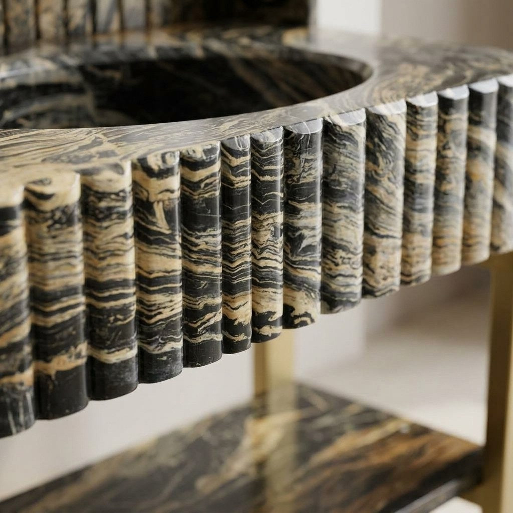 Picasso Fluted Marble Sink with Brass Stand — marble detail — view 3