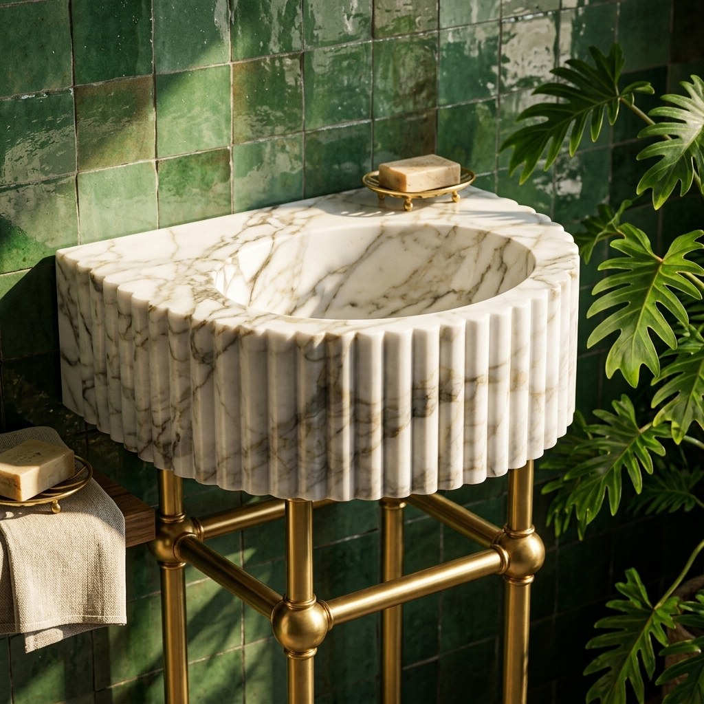 Calacatta Gold Fluted Marble Sink with Brass Stand — premium — view 2