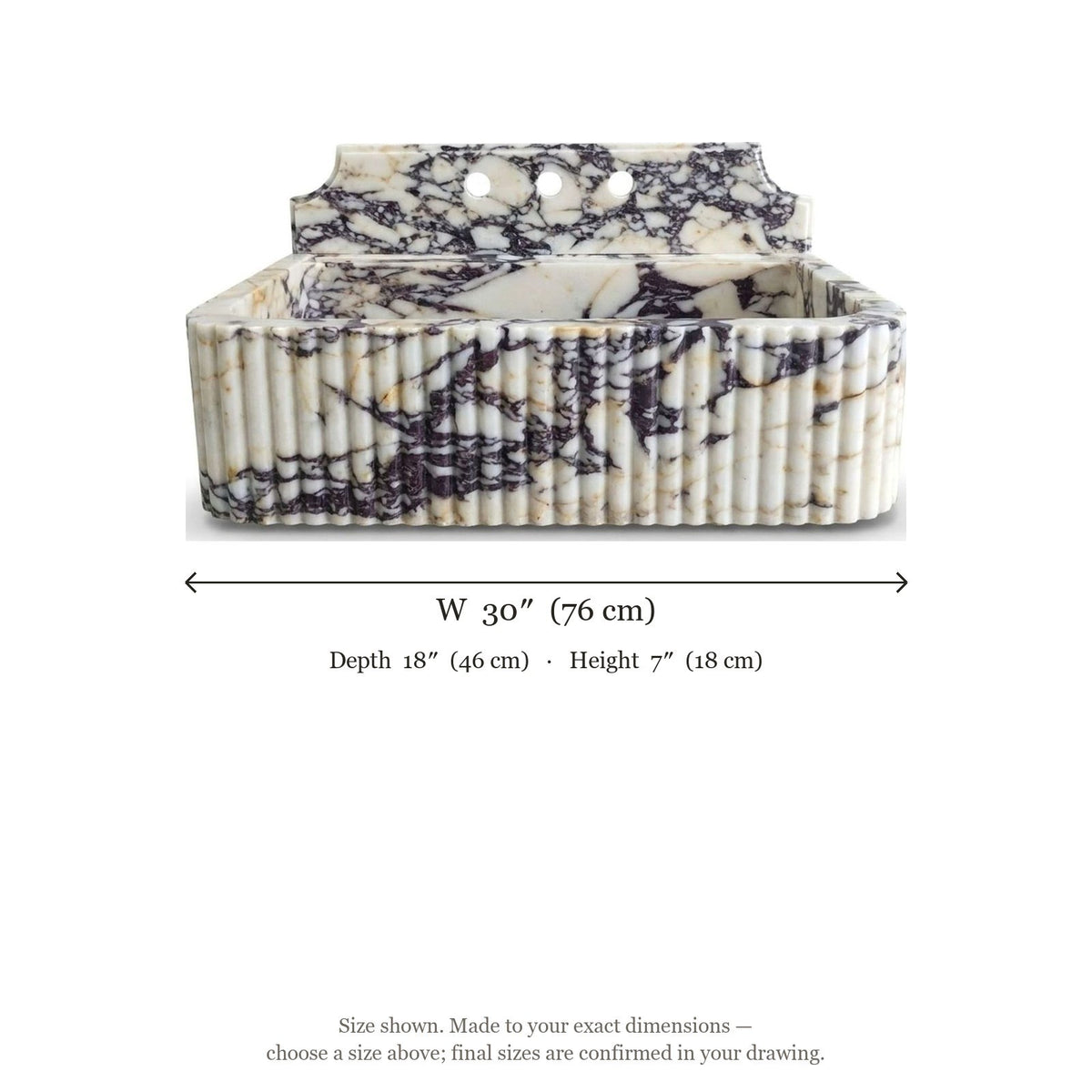 Calacatta Viola Fluted Marble Sink with Backsplash — dimensions — view 5