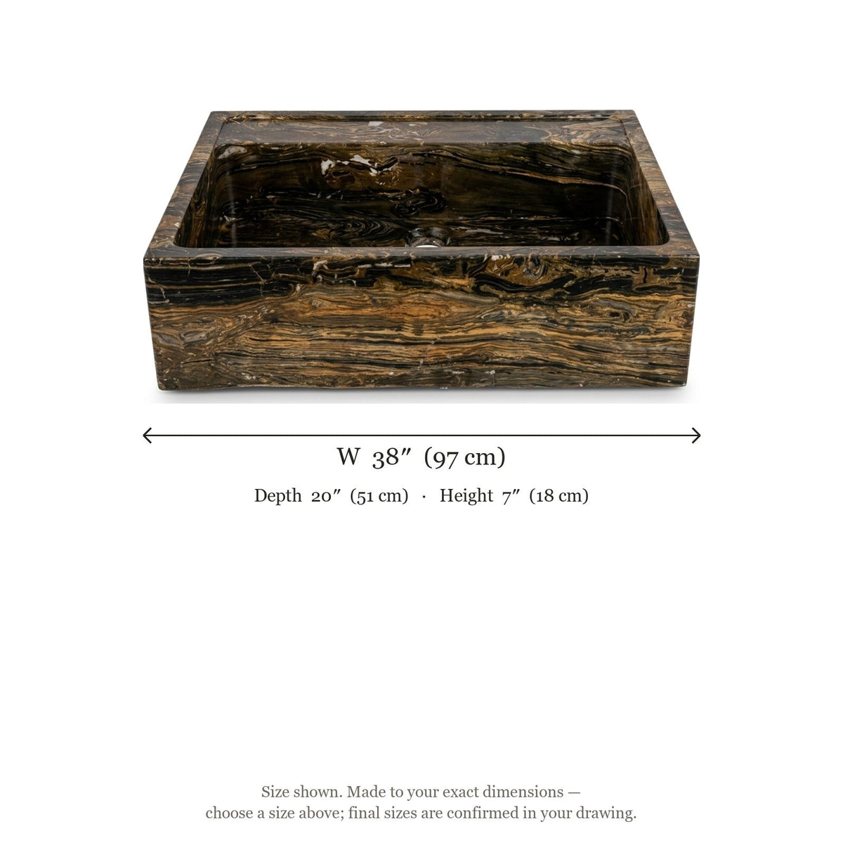 Picasso Polished Marble Rectangular Vessel Sink — dimensions — view 3