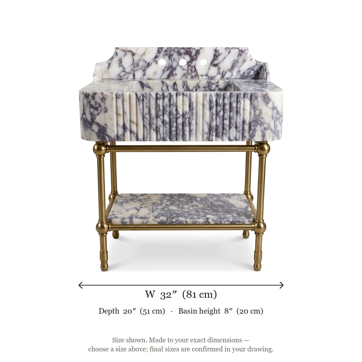 Calacatta Viola Fluted Marble Sink with Brass Stand and Backsplash — dimensions — view 4