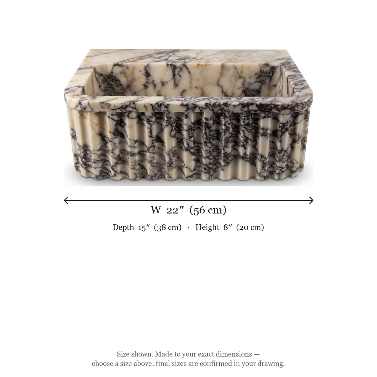 Calacatta Viola Fluted Polished Marble Sink — dimensions — view 5