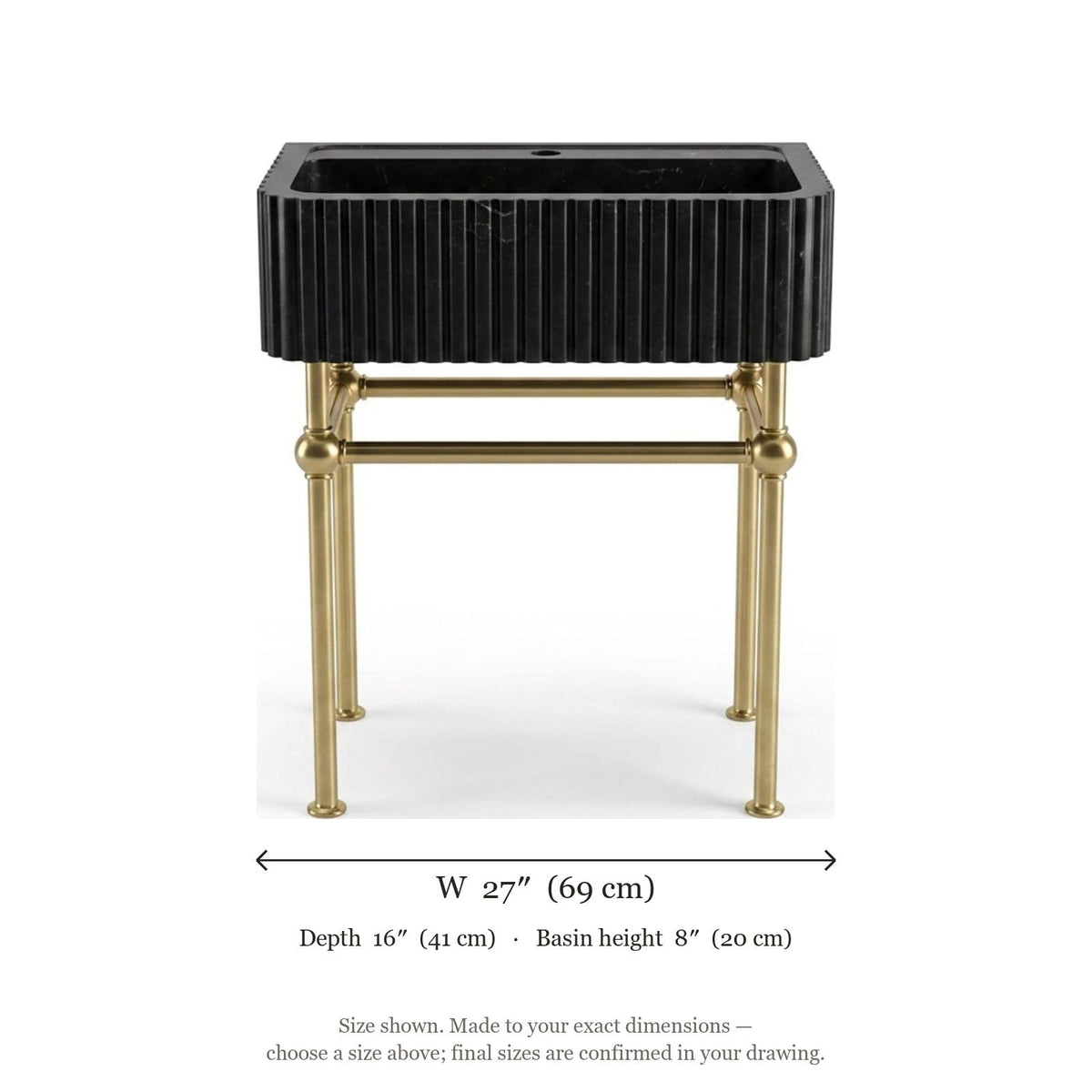 Nero Marquina Fluted Marble Sink with Brass Stand — dimensions — view 5