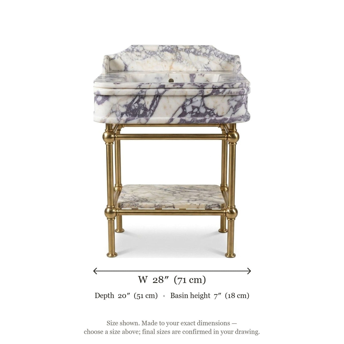 Calacatta Viola Honed Marble Sink with Brass Stand — dimensions — view 5