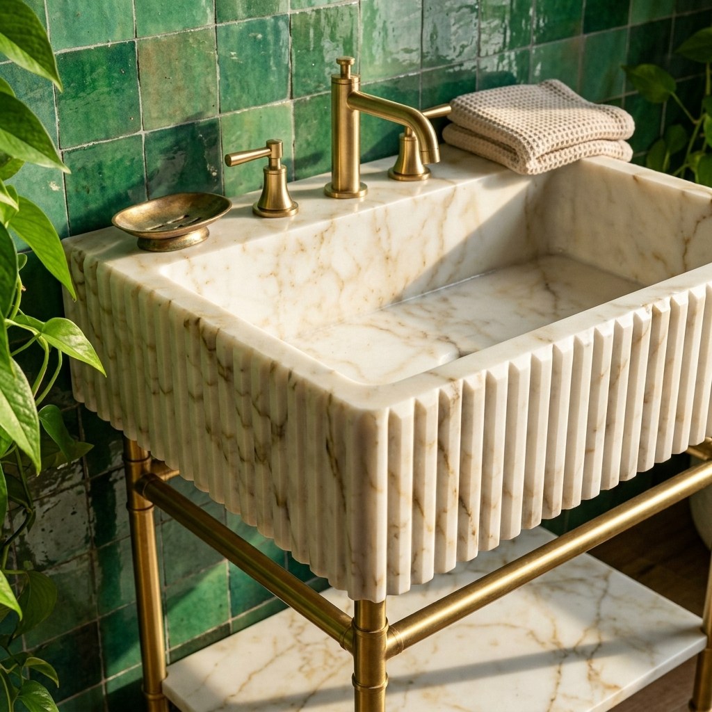 Calacatta Gold Fluted Marble Sink with Brass Stand — premium — view 2