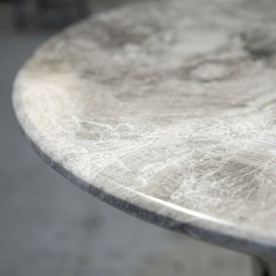 Polished Carrara Marble Table with Brushed Steel Base — marble detail